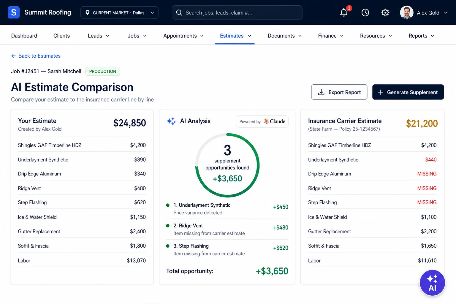 Skallix AI estimate comparison with 3 supplement opportunities surfaced by Claude